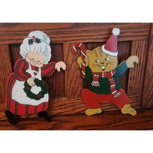 Vintage Wood‎ Christmas Decorations Grandma And Cat Hangers